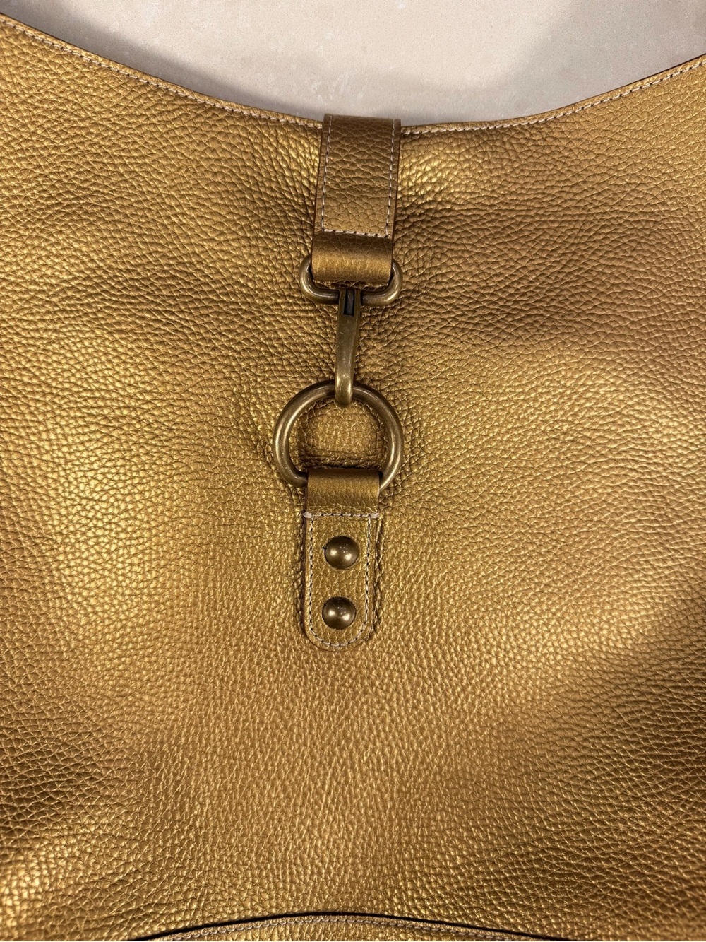 Gold Leather Hobo Shoulder Bag With Brass Accents - Picture 7 of 7